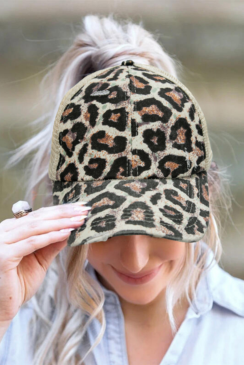 Brown Leopard Mesh Crisscross Back Ponytail Baseball Cap