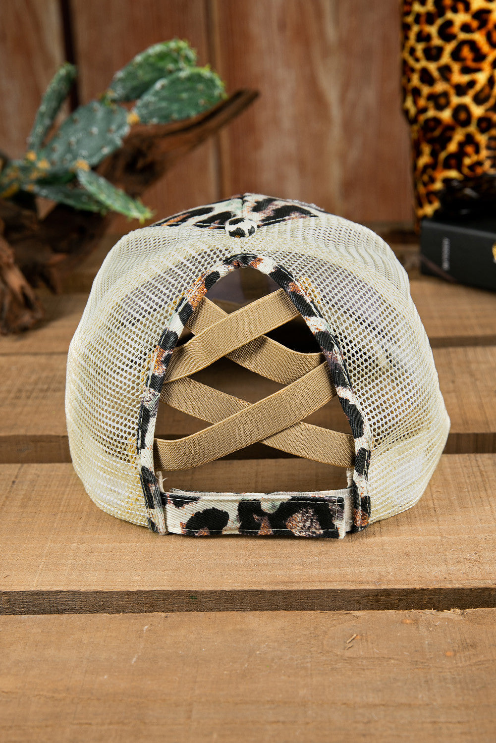 Brown Leopard Mesh Crisscross Back Ponytail Baseball Cap