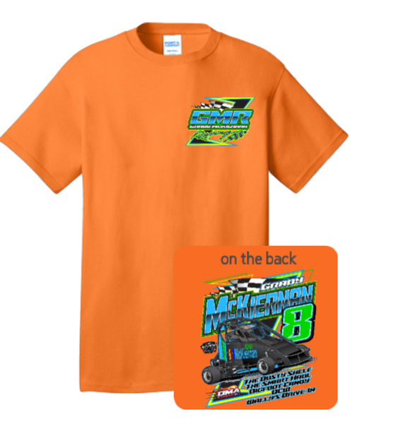 Grady McKiernan Racing front and back Neon Orange Performance Tshirt