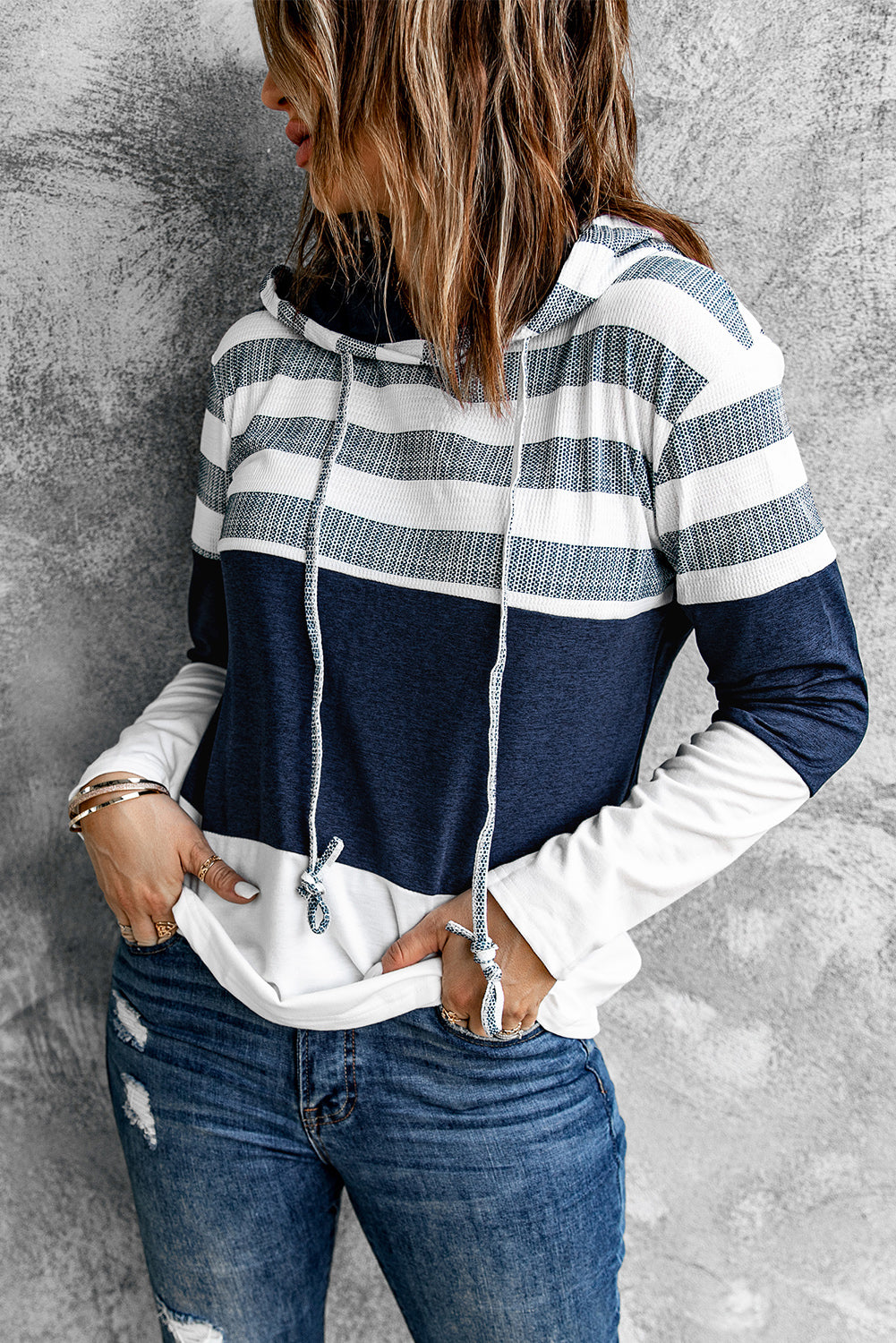 Navy/White Striped Color block Hoodie